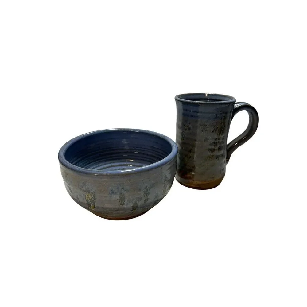 Hand Made Art Pottery Mug And Bowl Set Blues Grays Browns